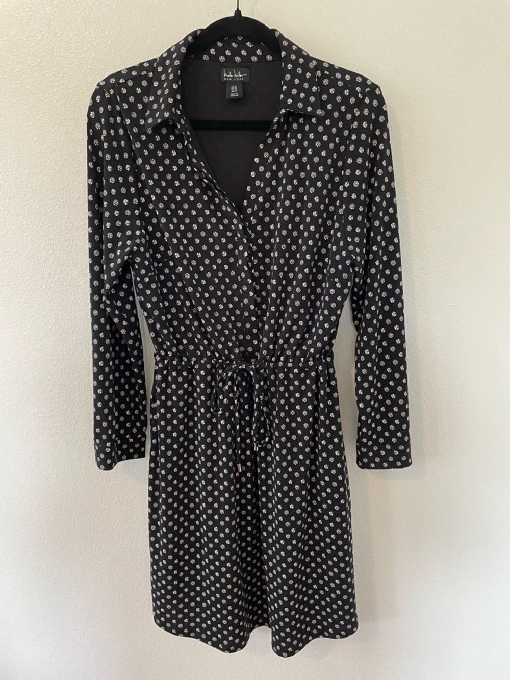 Nicole Miller New York Black Long-Sleeve Drawstring Shirt Dress